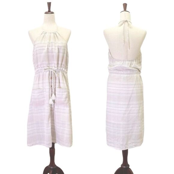 Minkpink Textured Neutral Tan White Striped Midi Halter Summer Dress Size Large - Picture 1 of 12